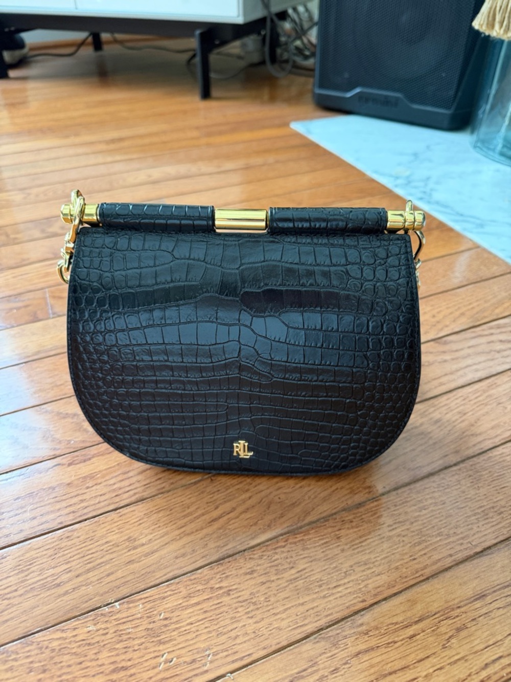 Ralph Lauren Black Croc-Embossed Saddle Crossbody with Gold Accents